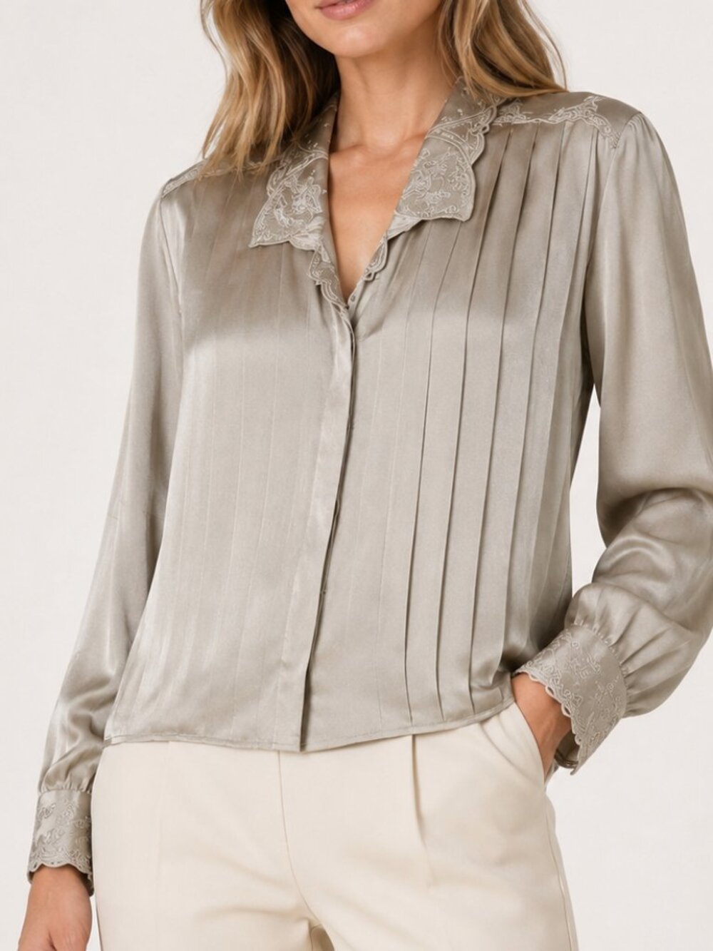 Vintage Paul Alexander 100% Silk Pleated Lace Collar Blouse Champagne Taupe 8